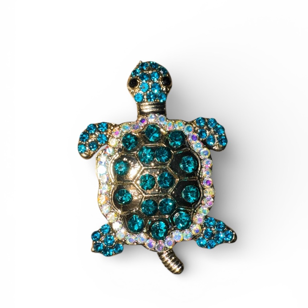 Mint Turquoise Turtle Brooch with Iridescent Rhinestones